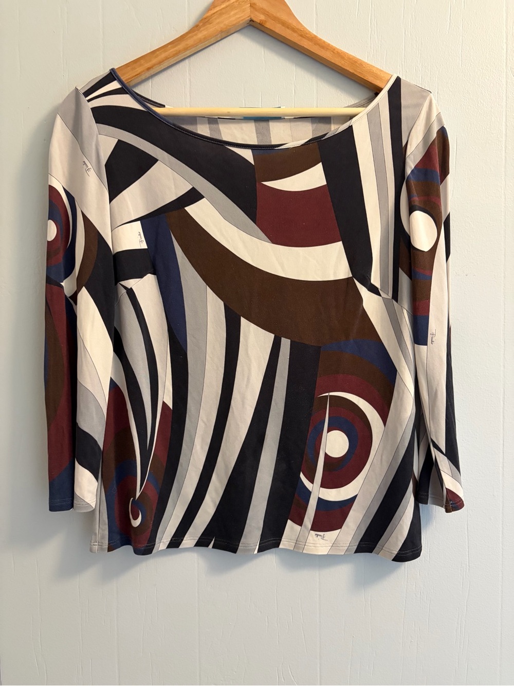 Emilio Pucci Womens 12 Silk Long Sleeve Top Signature Print Boat Neck